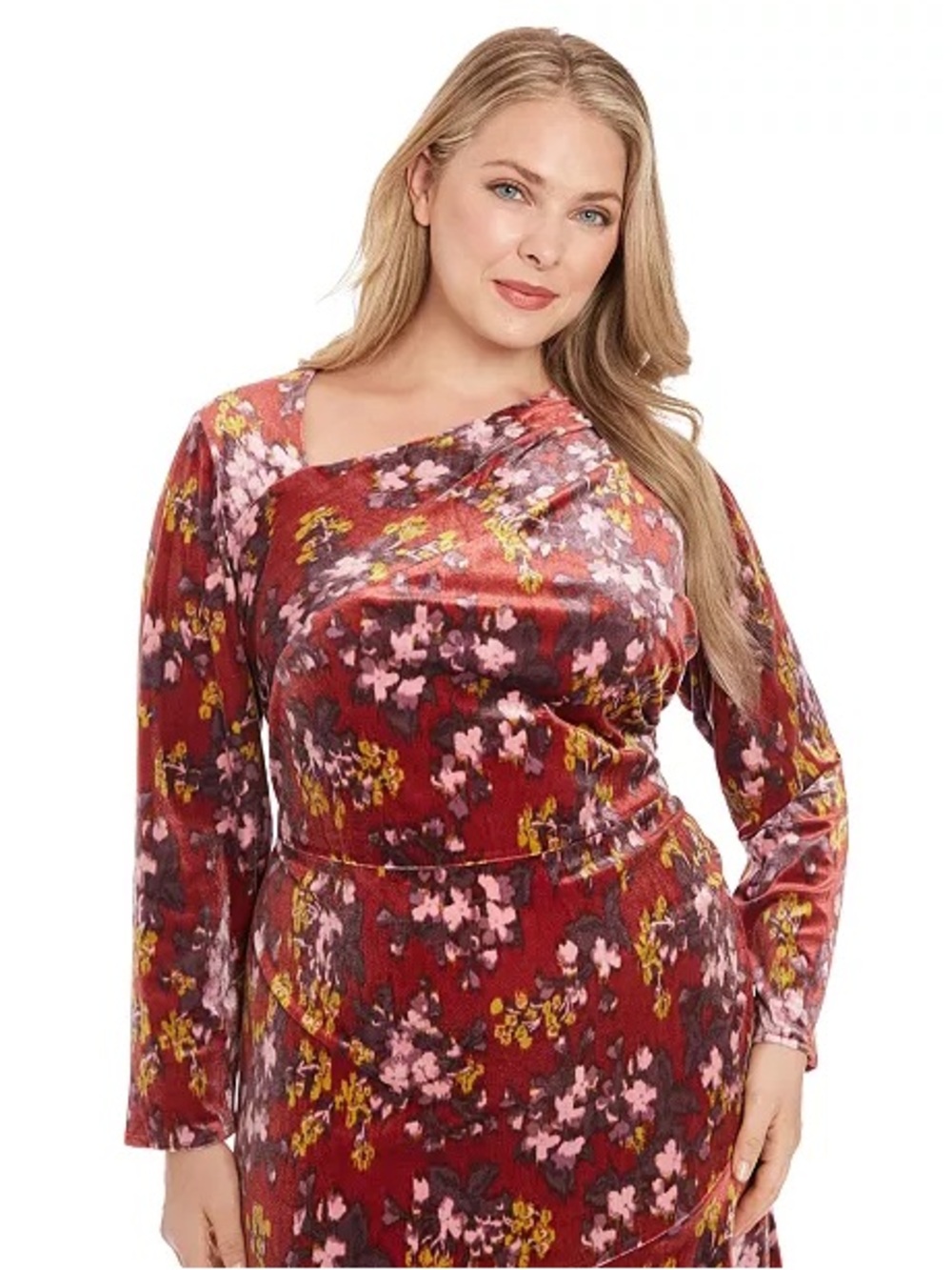 London Times Velvet Floral Fit Flare Ruched Chic Midi Dress Burgundy Size 14 NWT